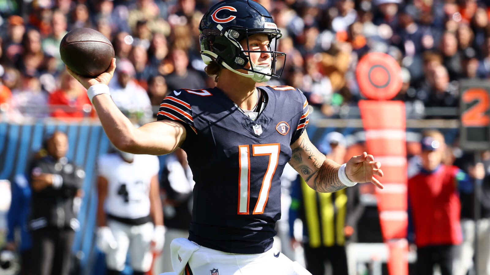 Oct 22, 2023; Chicago, Illinois, USA; Chicago Bears quarterback Tyson Bagent (17) drops back to pass against the Las Vegas Raiders in the first half at Soldier Field.