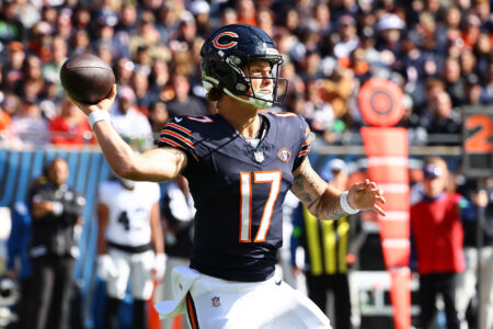 Oct 22, 2023; Chicago, Illinois, USA; Chicago Bears quarterback Tyson Bagent (17) drops back to pass against the Las Vegas Raiders in the first half at Soldier Field.