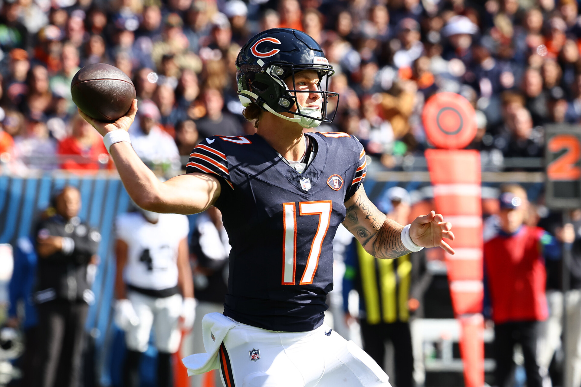Oct 22, 2023; Chicago, Illinois, USA; Chicago Bears quarterback Tyson Bagent (17) drops back to pass against the Las Vegas Raiders in the first half at Soldier Field.