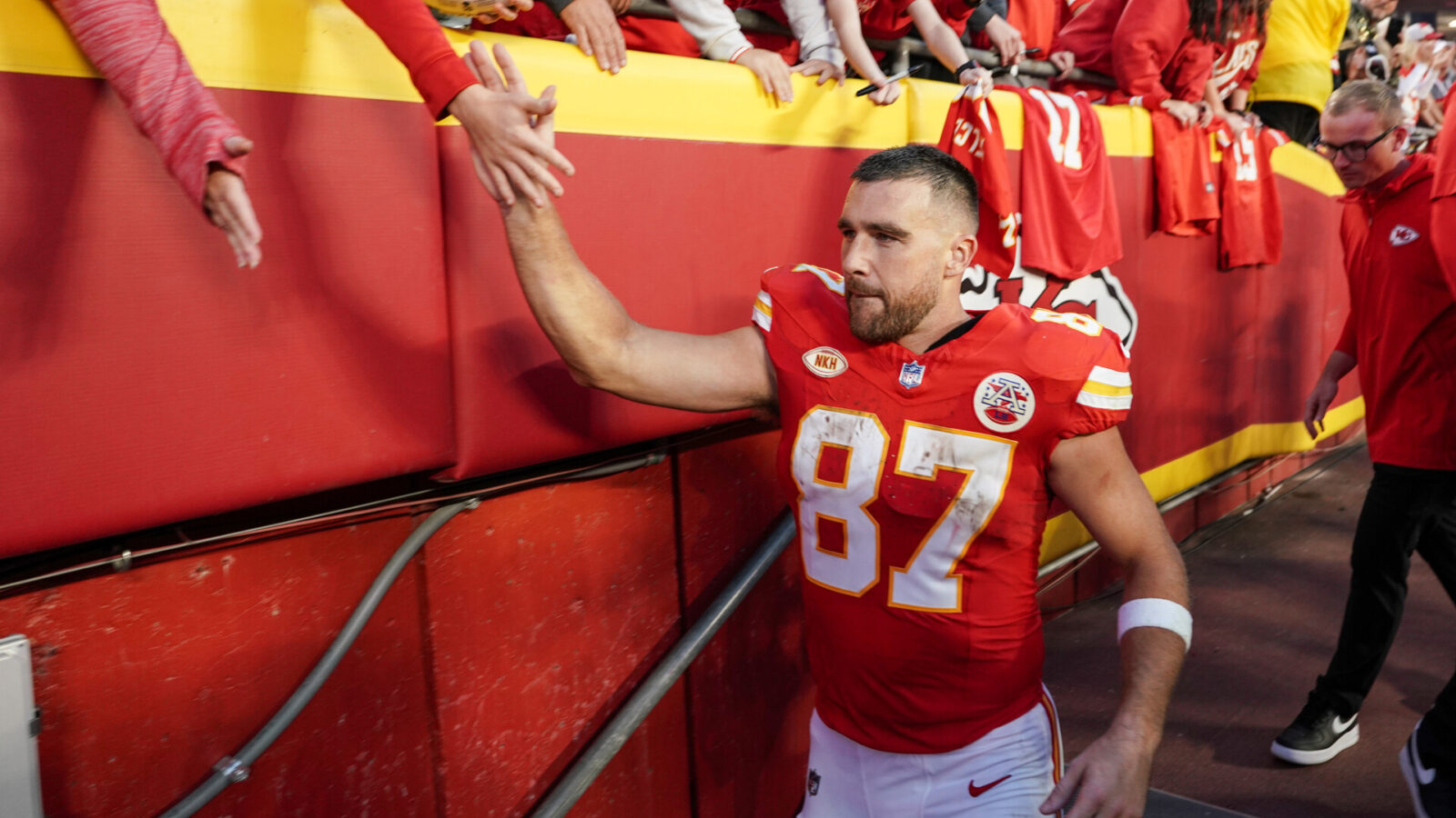 Oct 22, 2023; Kansas City, Missouri, USA; Kansas City Chiefs tight end Travis Kelce (87) leaves the field after the win over the Los Angeles Chargers at GEHA Field at Arrowhead Stadium.