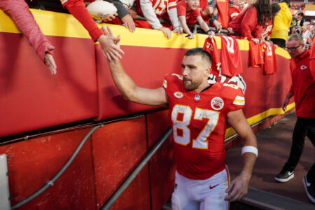 Oct 22, 2023; Kansas City, Missouri, USA; Kansas City Chiefs tight end Travis Kelce (87) leaves the field after the win over the Los Angeles Chargers at GEHA Field at Arrowhead Stadium.