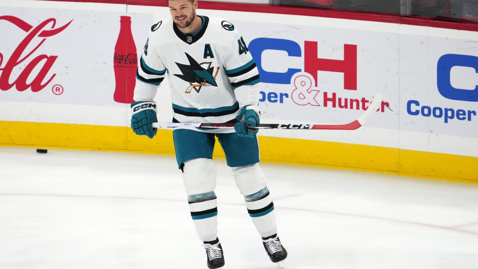 Oct 24, 2023; Sunrise, Florida, USA; San Jose Sharks center Tomas Hertl (48) warms up prior to the game against the Florida Panthers at Amerant Bank Arena.
