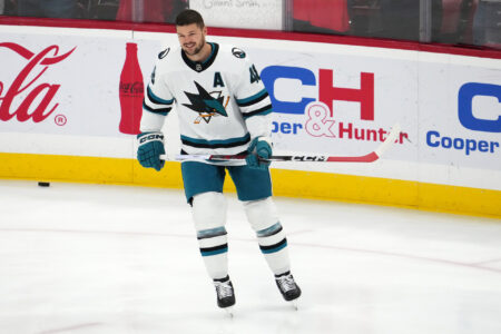 Oct 24, 2023; Sunrise, Florida, USA; San Jose Sharks center Tomas Hertl (48) warms up prior to the game against the Florida Panthers at Amerant Bank Arena.