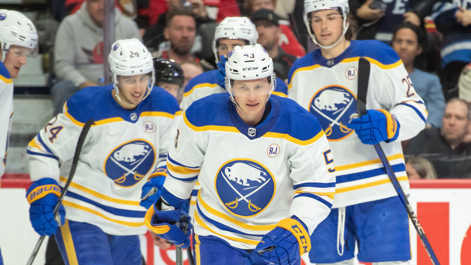 Buffalo Sabres left wing Jeff Skinner (53) celebrates with team after his goal scored in the second period against the Ottawa Senators at the Canadian Tire Centre.