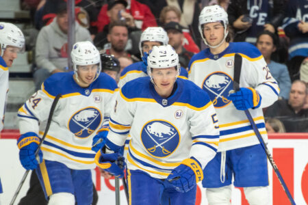 Buffalo Sabres left wing Jeff Skinner (53) celebrates with team after his goal scored in the second period against the Ottawa Senators at the Canadian Tire Centre.