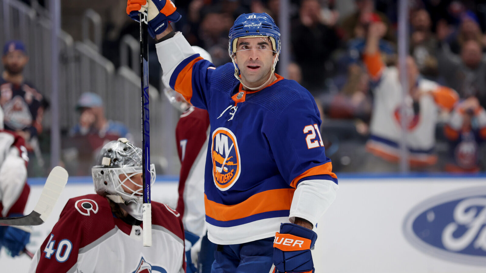 Oct 24, 2023; Elmont, New York, USA; New York Islanders center Kyle Palmieri (21) reacts after scoring a goal a against Colorado Avalanche goaltender Alexandar Georgiev (40) during the second period at UBS Arena.