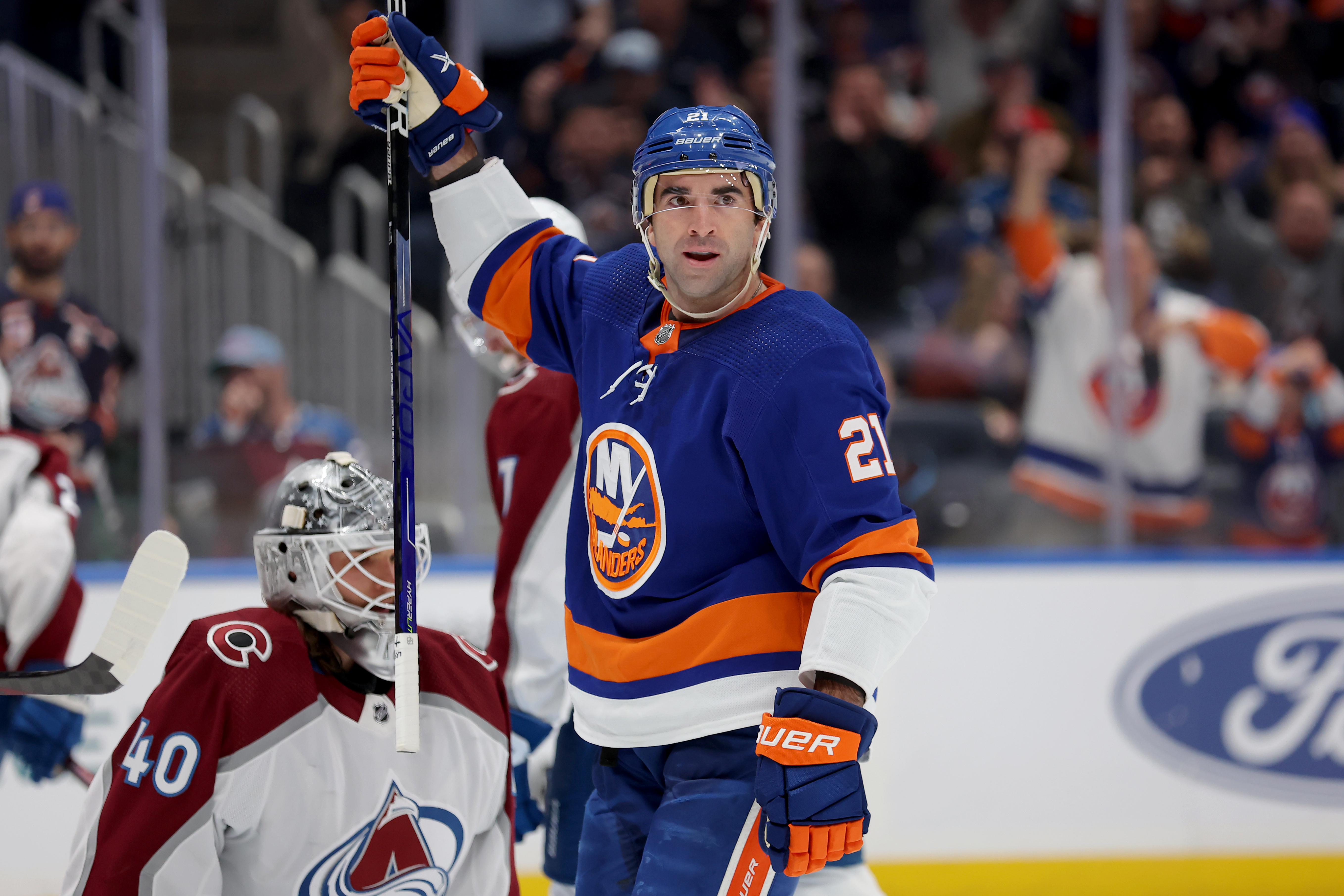 Oct 24, 2023; Elmont, New York, USA; New York Islanders center Kyle Palmieri (21) reacts after scoring a goal a against Colorado Avalanche goaltender Alexandar Georgiev (40) during the second period at UBS Arena.