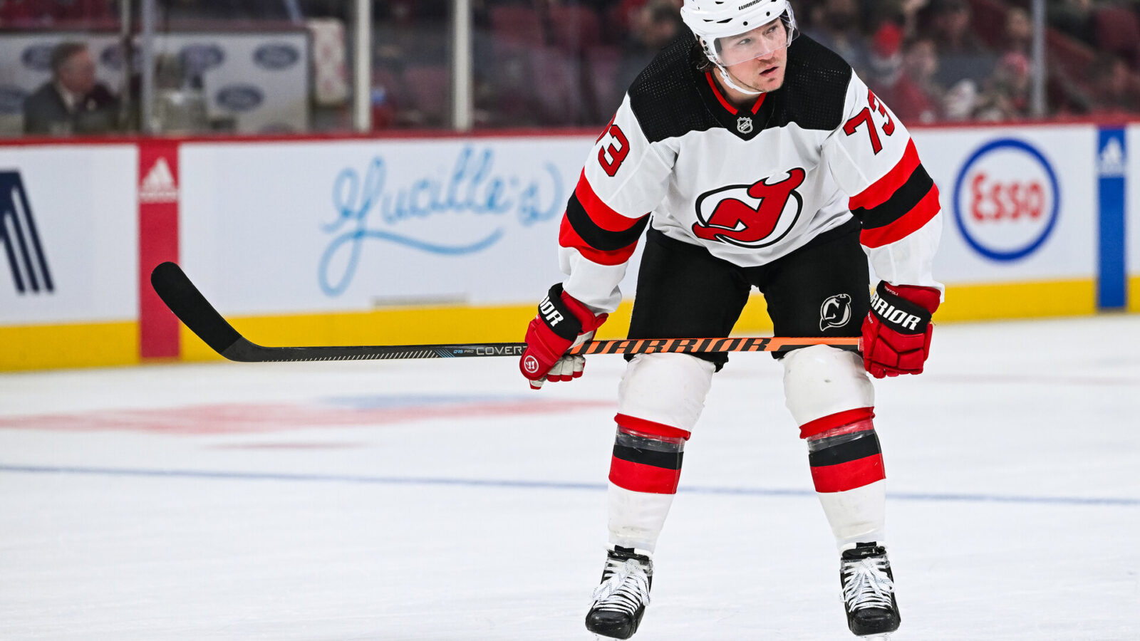 Oct 24, 2023; Montreal, Quebec, CAN; New Jersey Devils center Tyler Toffoli (73) waits for the play to resume against the Montreal Canadiens during the third period at Bell Centre.