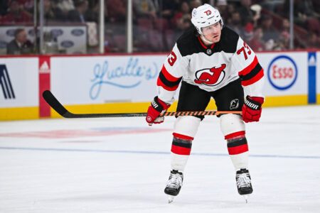 Oct 24, 2023; Montreal, Quebec, CAN; New Jersey Devils center Tyler Toffoli (73) waits for the play to resume against the Montreal Canadiens during the third period at Bell Centre.