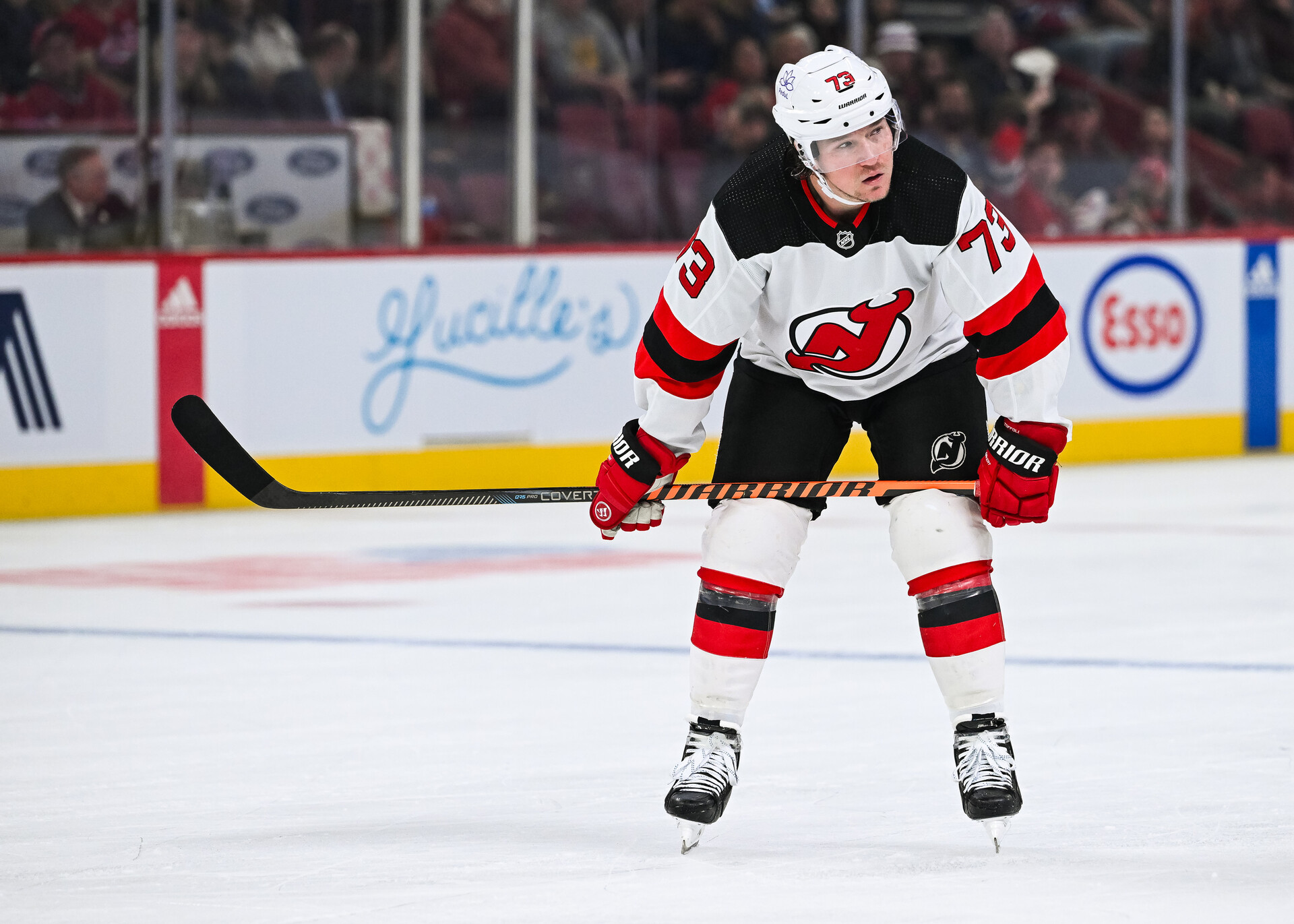 Oct 24, 2023; Montreal, Quebec, CAN; New Jersey Devils center Tyler Toffoli (73) waits for the play to resume against the Montreal Canadiens during the third period at Bell Centre.