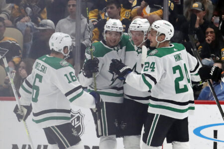 Dallas Stars defenseman Thomas Harley (55) is congratulated after scoring a goal by center Joe Pavelski (16) and left wing Jason Robertson (21) and center Roope Hintz (24) against the Pittsburgh Penguins during the third period at PPG Paints Arena. Dallas won 4-1.