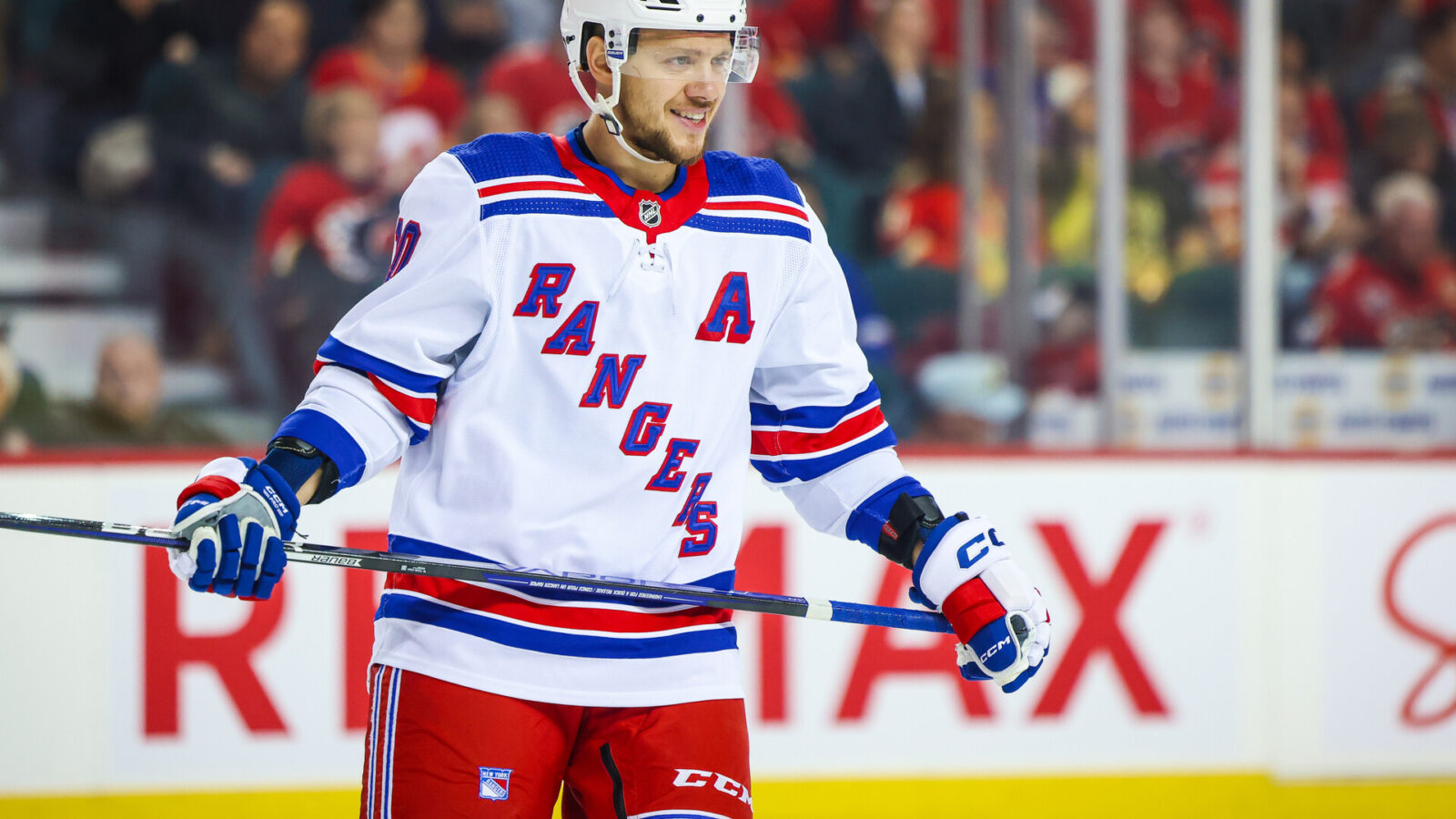 Oct 24, 2023; Calgary, Alberta, CAN; New York Rangers left wing Artemi Panarin (10) reacts during the second period against the Calgary Flames at Scotiabank Saddledome.