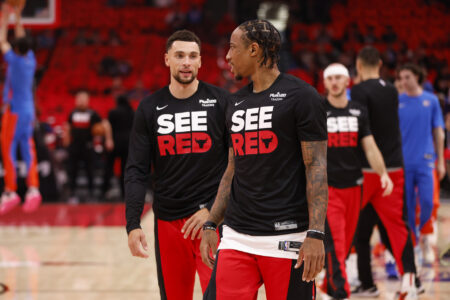 Oct 25, 2023; Chicago, Illinois, USA; Chicago Bulls guard Zach LaVine (8) and forward DeMar DeRozan (11) warms up before a basketball game against the Oklahoma City Thunder at United Center.