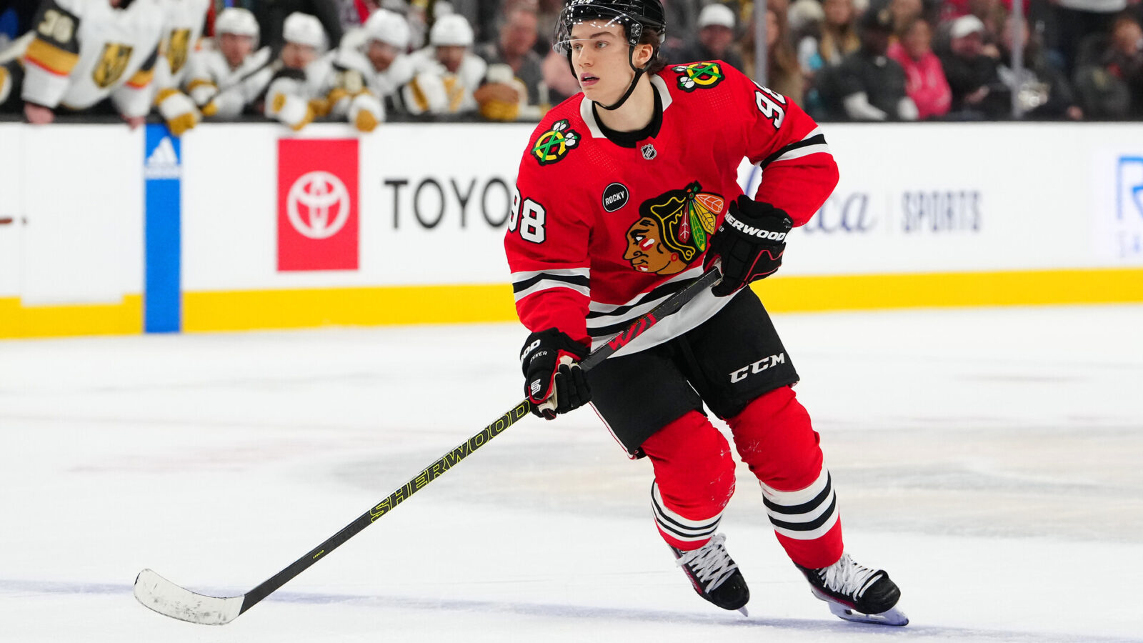 Oct 27, 2023; Las Vegas, Nevada, USA; Chicago Blackhawks center Connor Bedard (98) skates against the Vegas Golden Knights during an overtime period at T-Mobile Arena.