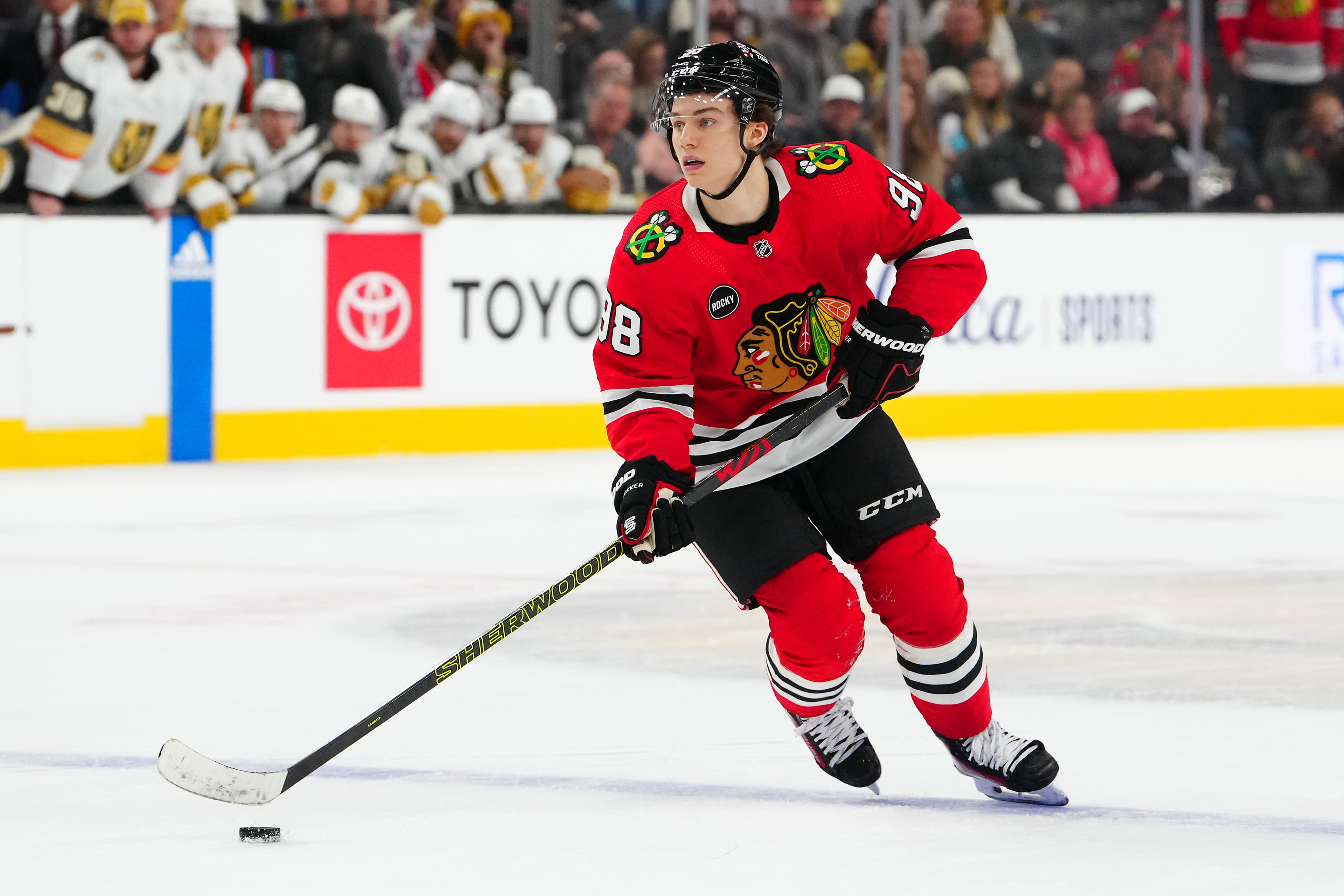 Oct 27, 2023; Las Vegas, Nevada, USA; Chicago Blackhawks center Connor Bedard (98) skates against the Vegas Golden Knights during an overtime period at T-Mobile Arena.