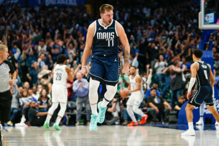Oct 27, 2023; Dallas, Texas, USA; Dallas Mavericks guard Luka Doncic (77) reacts after hitting a go ahead 3-pointer late in the fourth quarter against the Brooklyn Nets at American Airlines Cente