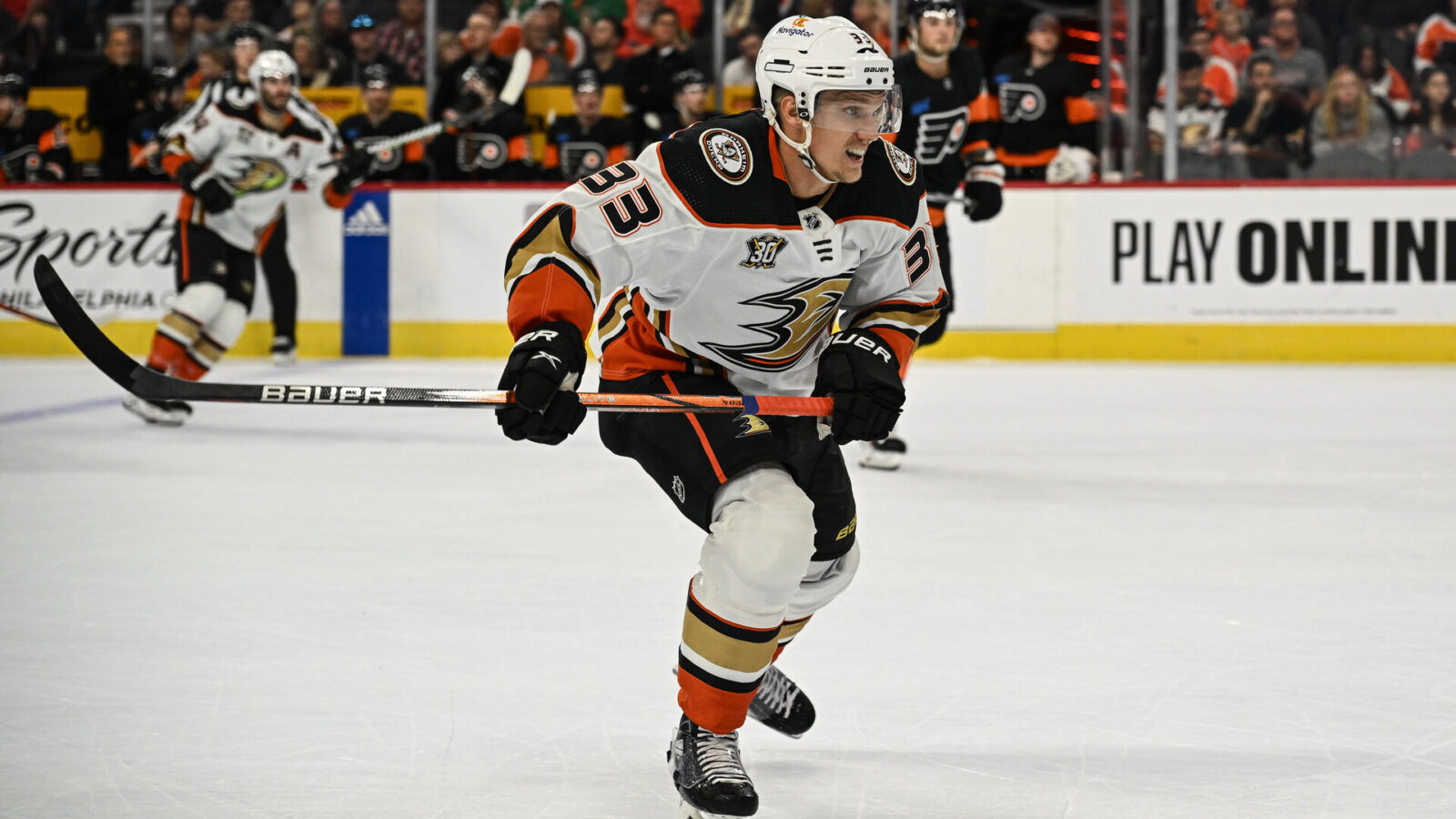 Oct 28, 2023; Philadelphia, Pennsylvania, USA; Anaheim Ducks right wing Jakob Silfverberg (33) chases a puck into the corner during the first period against the Philadelphia Flyers at Wells Fargo Center.