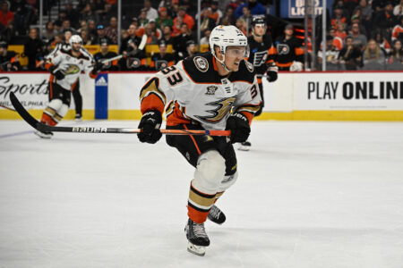 Oct 28, 2023; Philadelphia, Pennsylvania, USA; Anaheim Ducks right wing Jakob Silfverberg (33) chases a puck into the corner during the first period against the Philadelphia Flyers at Wells Fargo Center.