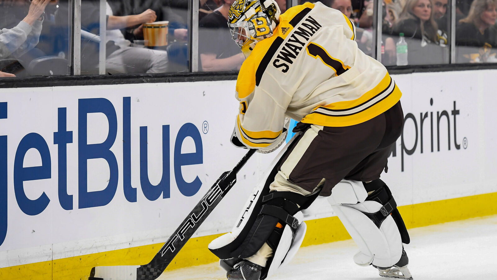 Oct 26, 2023; Boston, Massachusetts, USA; Boston Bruins goaltender Jeremy Swayman (1) controls the puck during the second period against the Detroit Red Wings at TD Garden.