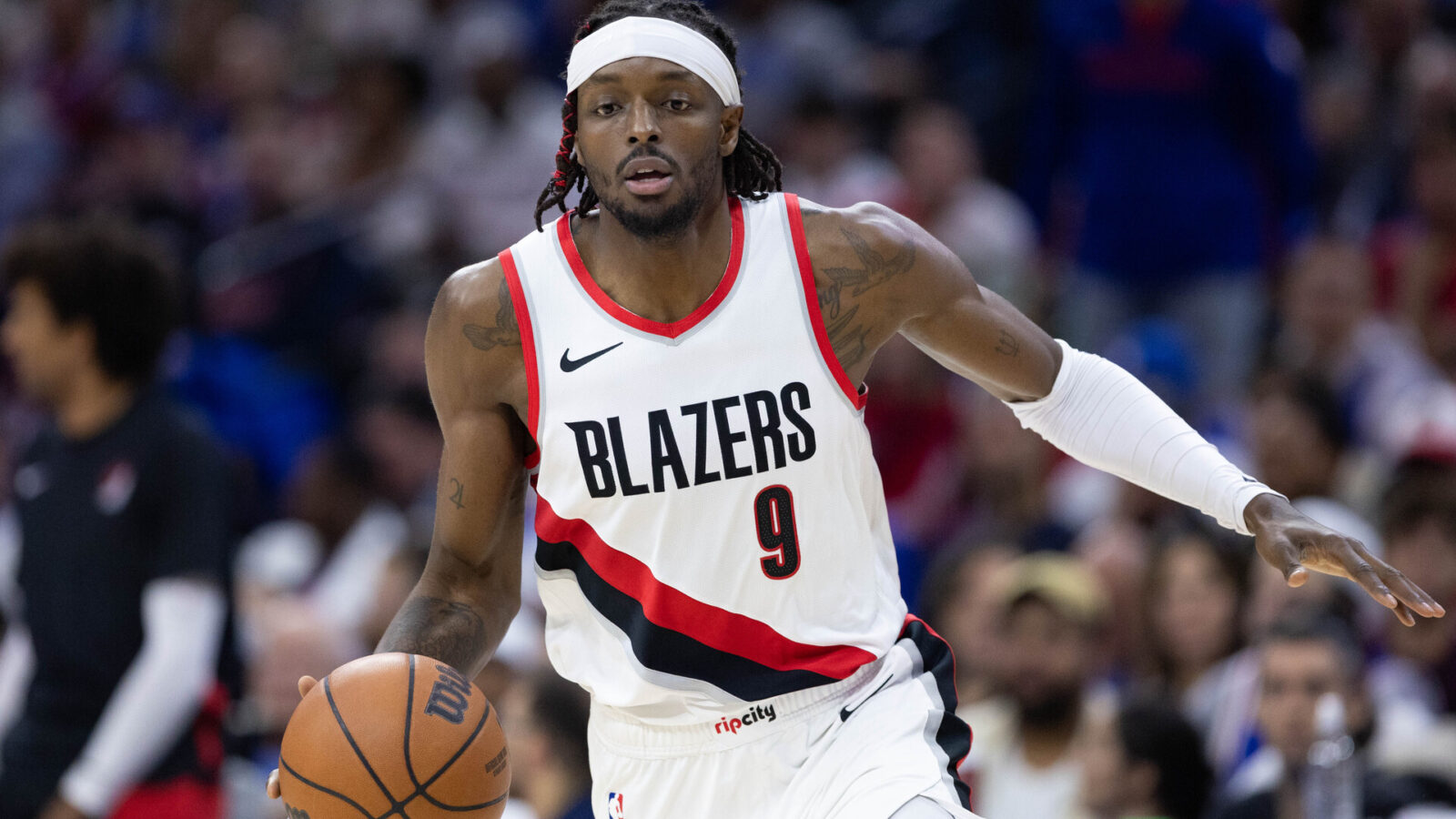 Oct 29, 2023; Philadelphia, Pennsylvania, USA; Portland Trail Blazers forward Jerami Grant (9) dribbles the ball against the Philadelphia 76ers during the second quarter at Wells Fargo Center.