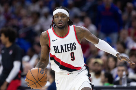 Oct 29, 2023; Philadelphia, Pennsylvania, USA; Portland Trail Blazers forward Jerami Grant (9) dribbles the ball against the Philadelphia 76ers during the second quarter at Wells Fargo Center.