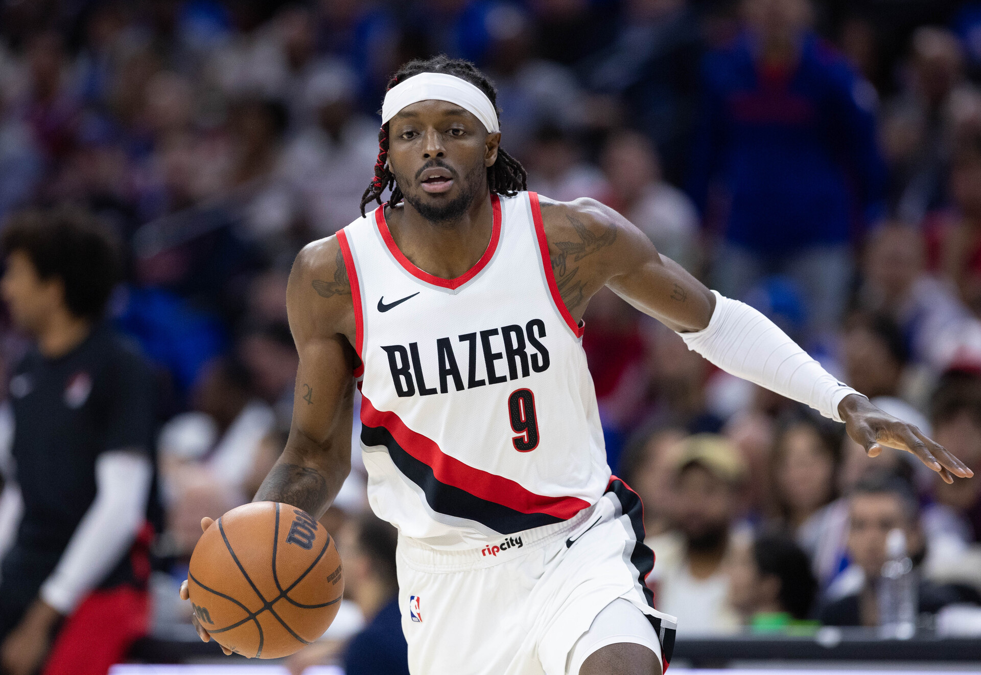 Oct 29, 2023; Philadelphia, Pennsylvania, USA; Portland Trail Blazers forward Jerami Grant (9) dribbles the ball against the Philadelphia 76ers during the second quarter at Wells Fargo Center.