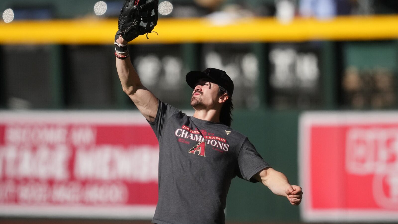 Arizona Diamondbacks outfielder Corbin Carroll practices before Game 3 of the World Series against the Texas Rangers at Chase Field on Oct. 30, 2023, in Phoenix, Arizona.