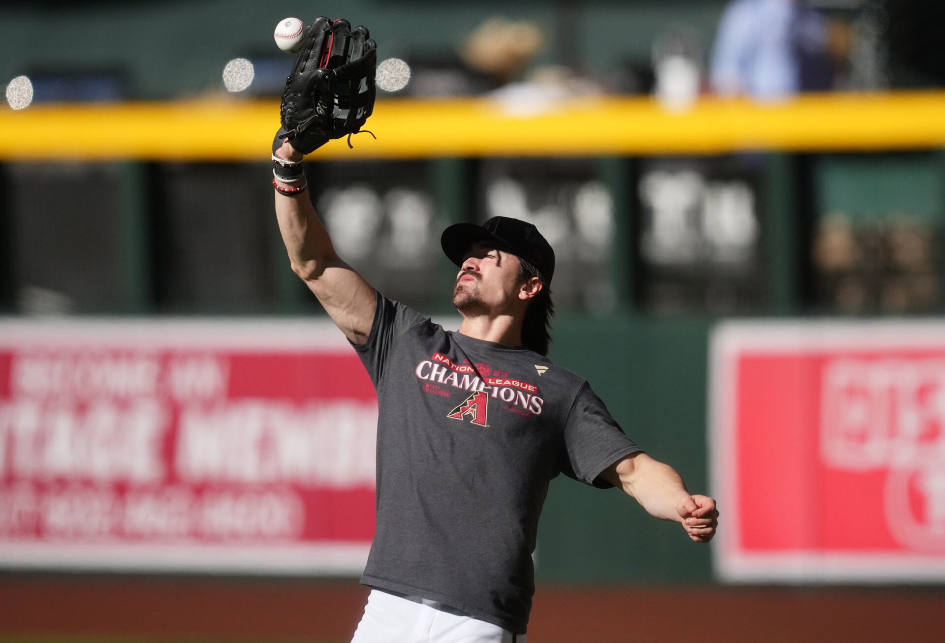 Arizona Diamondbacks outfielder Corbin Carroll practices before Game 3 of the World Series against the Texas Rangers at Chase Field on Oct. 30, 2023, in Phoenix, Arizona.