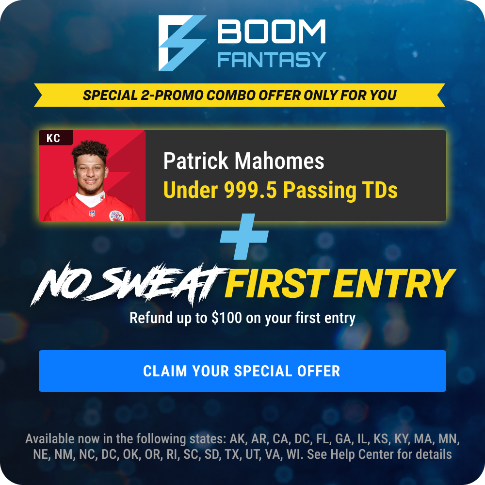 Chiefs vs. Eagles player props for Monday, November 20 from Boom Fantasy - promo is Patrick Mahomes under 999.5 passing TDs.