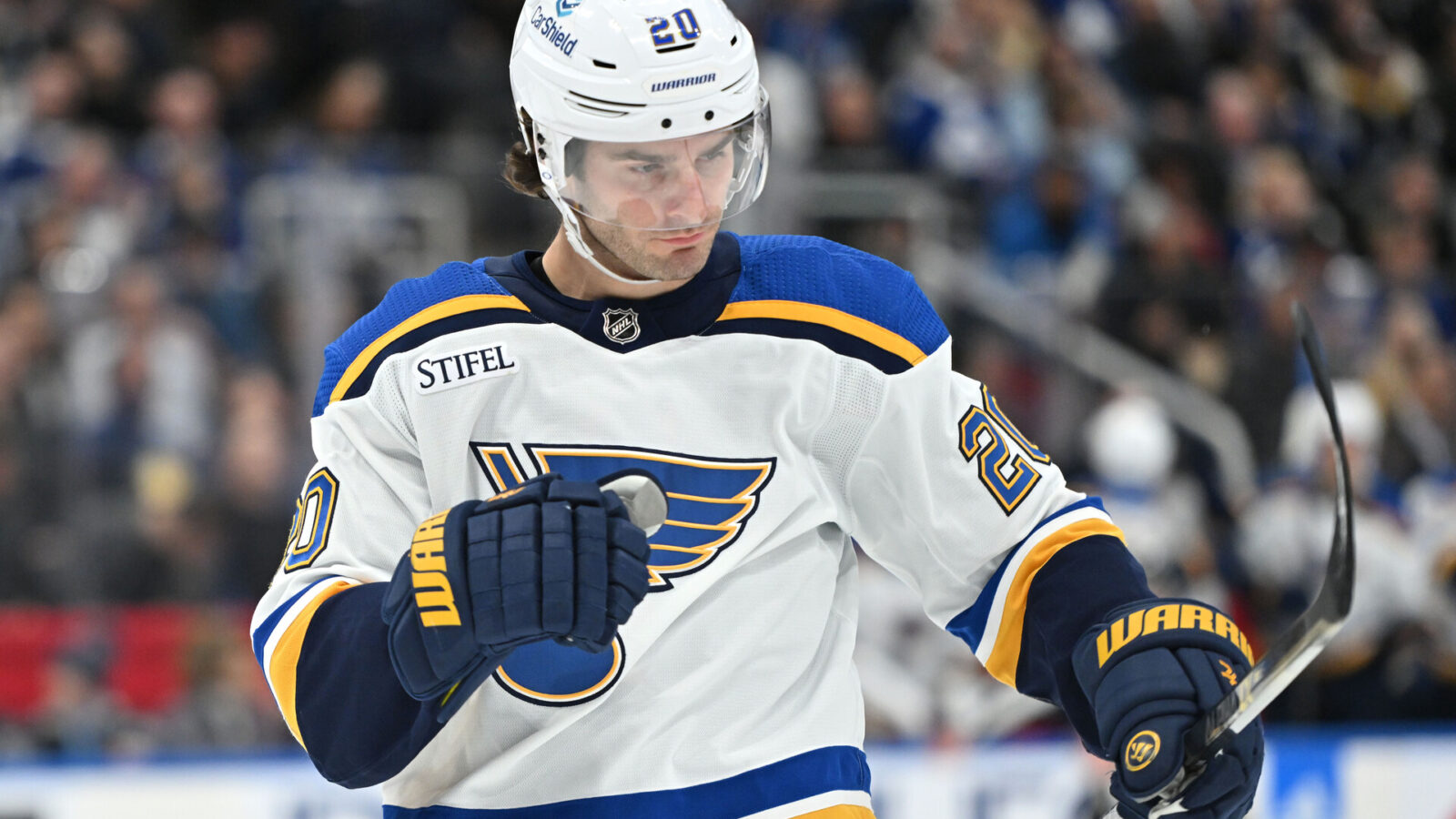Jan 3, 2023; Toronto, Ontario, CAN; St. Louis Blues forward Brandon Saad (20) celebrates after scoring against the Toronto Maple Leafs it the second period at Scotiabank Arena.