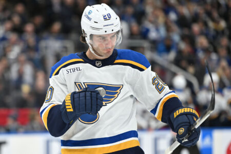 Jan 3, 2023; Toronto, Ontario, CAN; St. Louis Blues forward Brandon Saad (20) celebrates after scoring against the Toronto Maple Leafs it the second period at Scotiabank Arena.