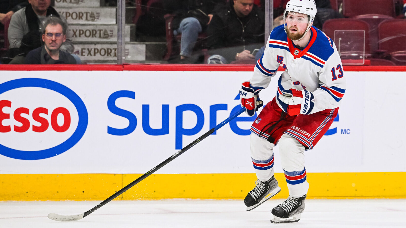 Mar 9, 2023; Montreal, Quebec, CAN; New York Rangers left wing Alexis Lafreniere (13) against the Montreal Canadiens during the third period at Bell Centre.