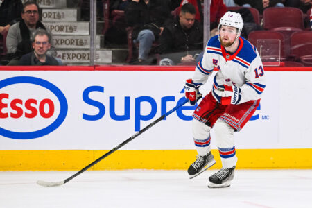 Mar 9, 2023; Montreal, Quebec, CAN; New York Rangers left wing Alexis Lafreniere (13) against the Montreal Canadiens during the third period at Bell Centre.