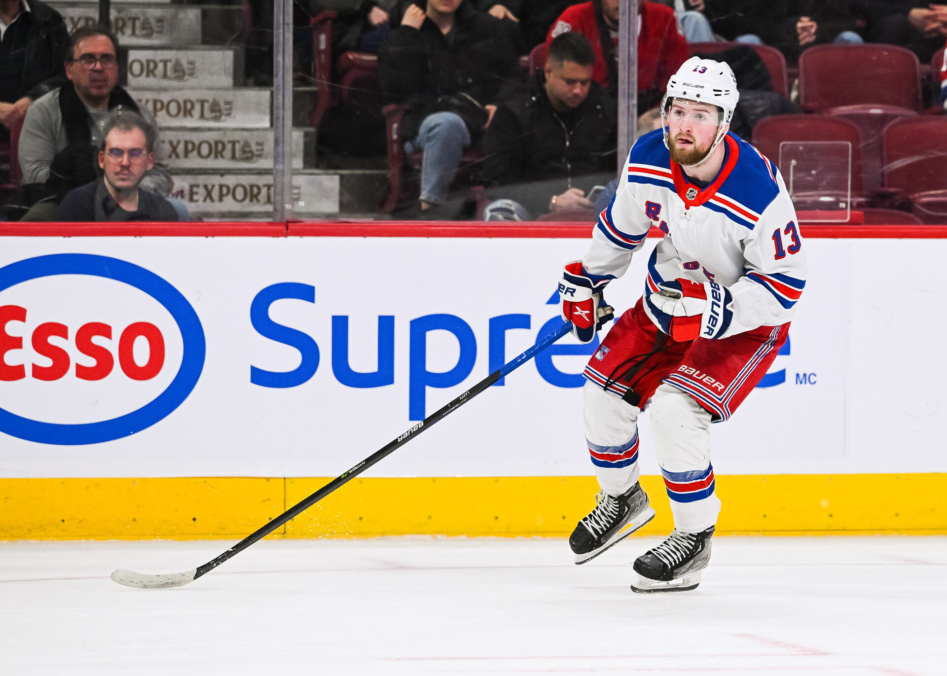 Mar 9, 2023; Montreal, Quebec, CAN; New York Rangers left wing Alexis Lafreniere (13) against the Montreal Canadiens during the third period at Bell Centre.