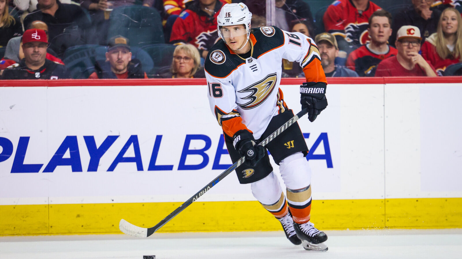 Apr 2, 2023; Calgary, Alberta, CAN; Anaheim Ducks center Ryan Strome (16) controls the puck against the Calgary Flames during the first period at Scotiabank Saddledome.