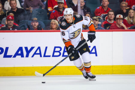 Apr 2, 2023; Calgary, Alberta, CAN; Anaheim Ducks center Ryan Strome (16) controls the puck against the Calgary Flames during the first period at Scotiabank Saddledome.