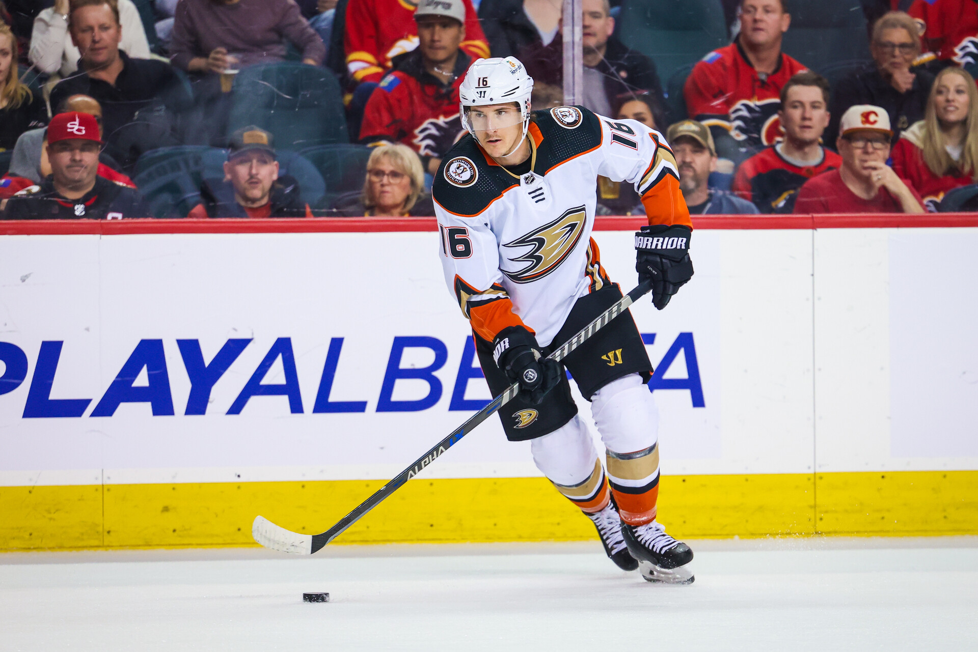 Apr 2, 2023; Calgary, Alberta, CAN; Anaheim Ducks center Ryan Strome (16) controls the puck against the Calgary Flames during the first period at Scotiabank Saddledome.
