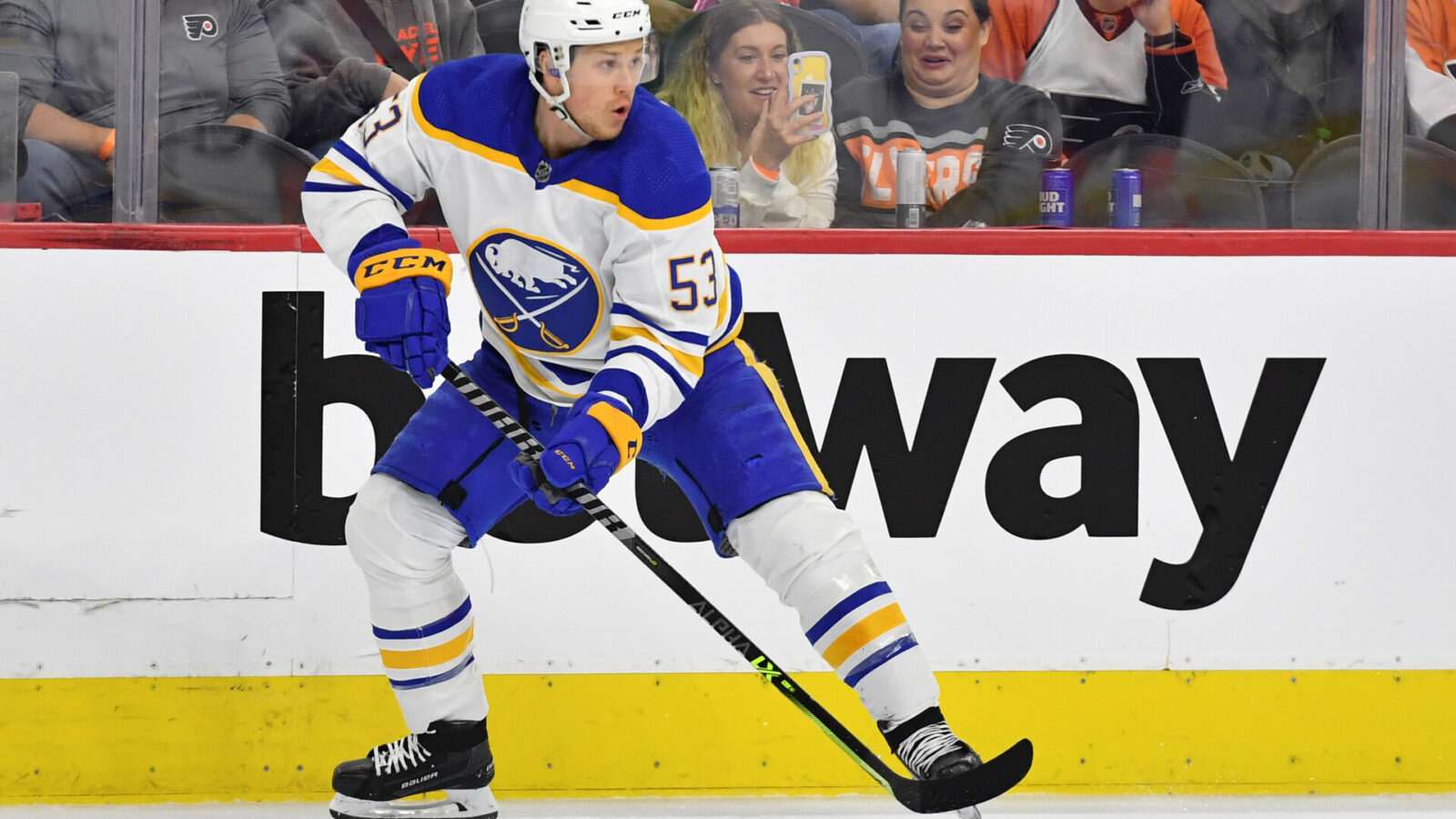 Apr 1, 2023; Philadelphia, Pennsylvania, USA; Buffalo Sabres left wing Jeff Skinner (53) against the Philadelphia Flyers at Wells Fargo Center.