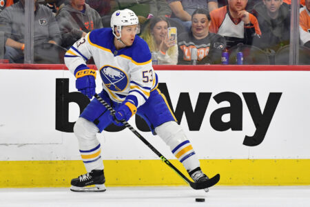 Apr 1, 2023; Philadelphia, Pennsylvania, USA; Buffalo Sabres left wing Jeff Skinner (53) against the Philadelphia Flyers at Wells Fargo Center.