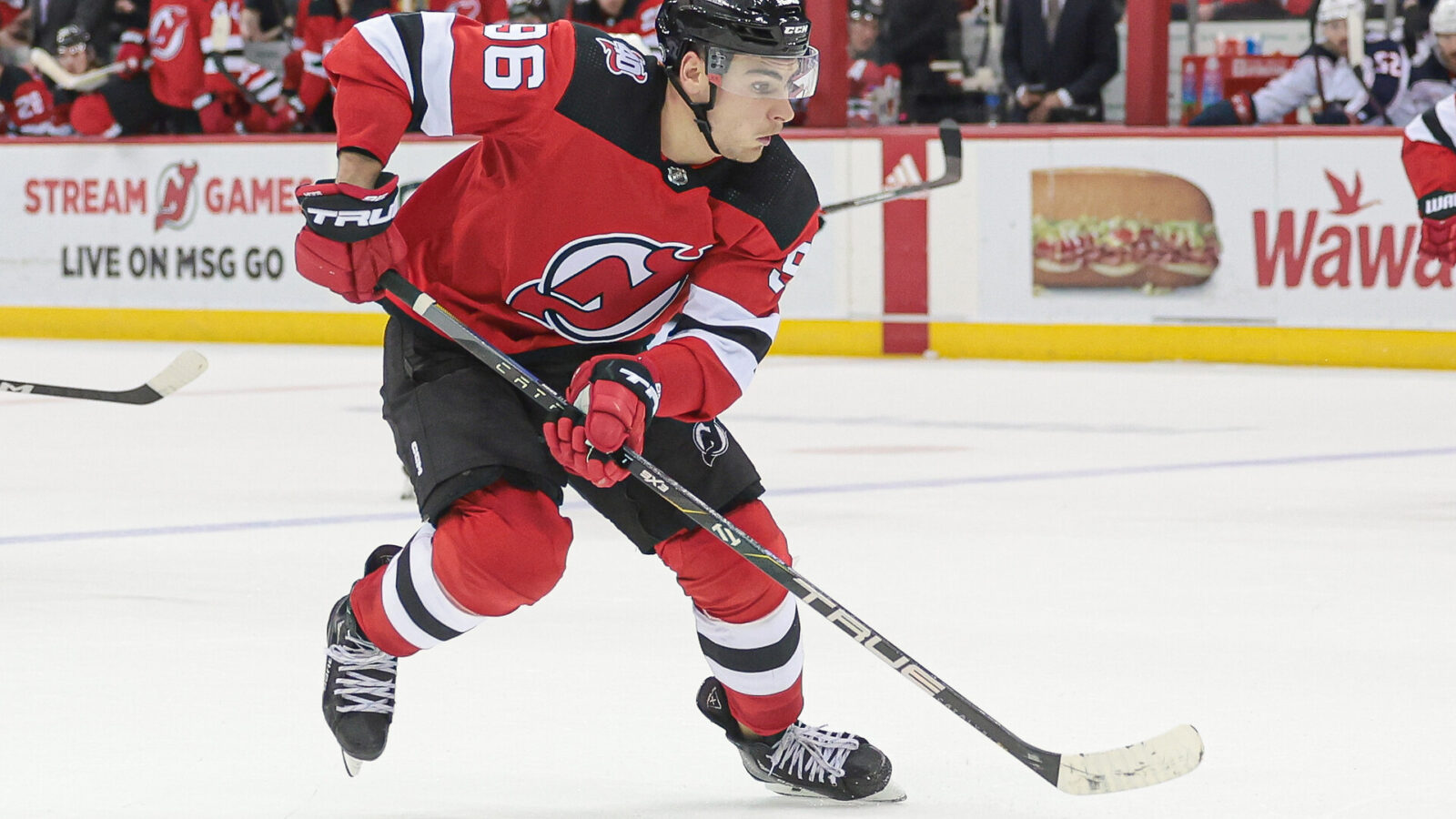 Apr 6, 2023; Newark, New Jersey, USA; New Jersey Devils right wing Timo Meier (96) skates with the puck during the third period against the Columbus Blue Jackets at Prudential Center.