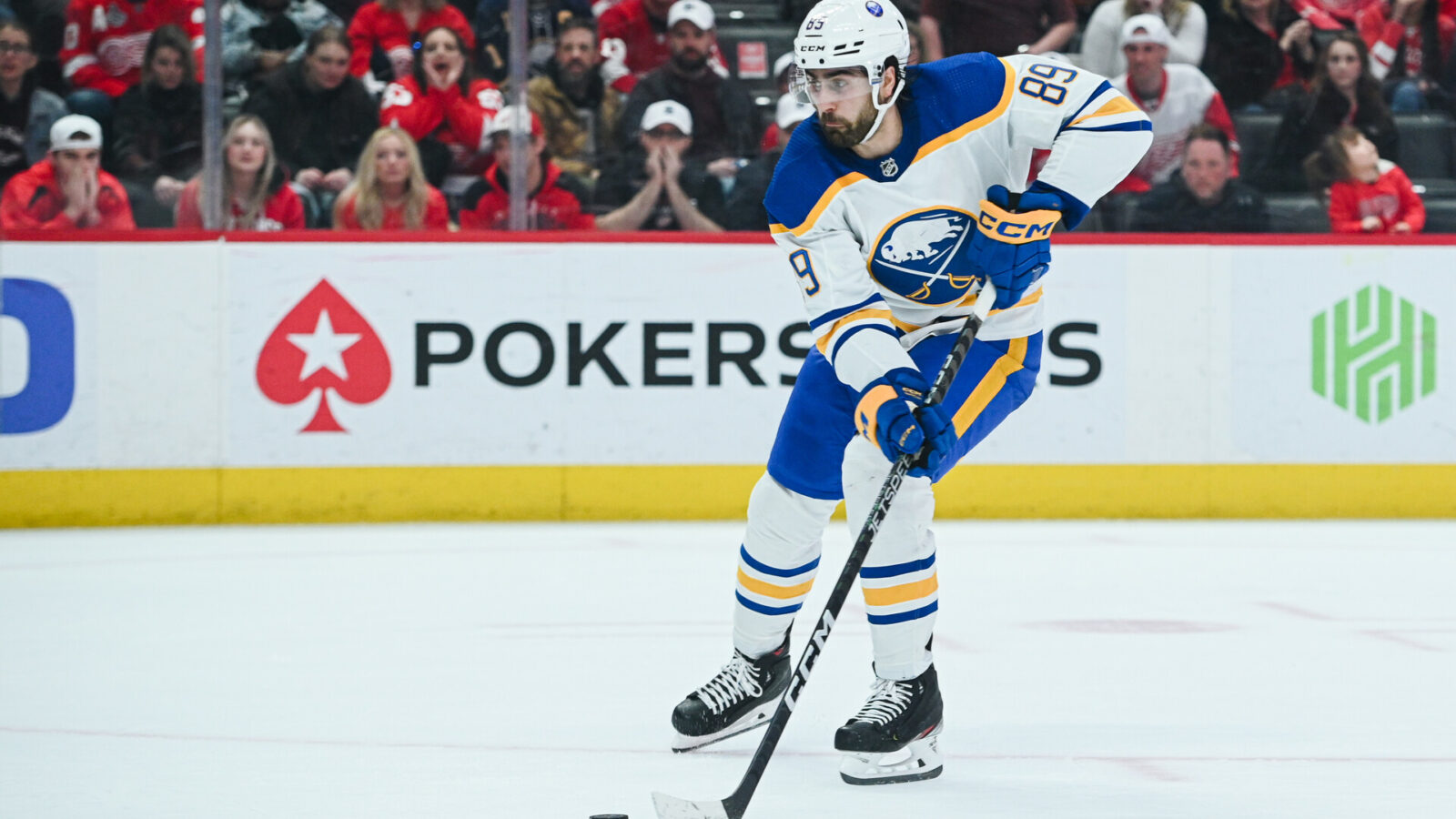 Apr 6, 2023; Detroit, Michigan, USA; Buffalo Sabres right wing Alex Tuch (89) scores a goal during a shootout against the Detroit Red Wings at Little Caesars Arena.