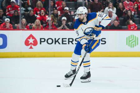 Apr 6, 2023; Detroit, Michigan, USA; Buffalo Sabres right wing Alex Tuch (89) scores a goal during a shootout against the Detroit Red Wings at Little Caesars Arena.