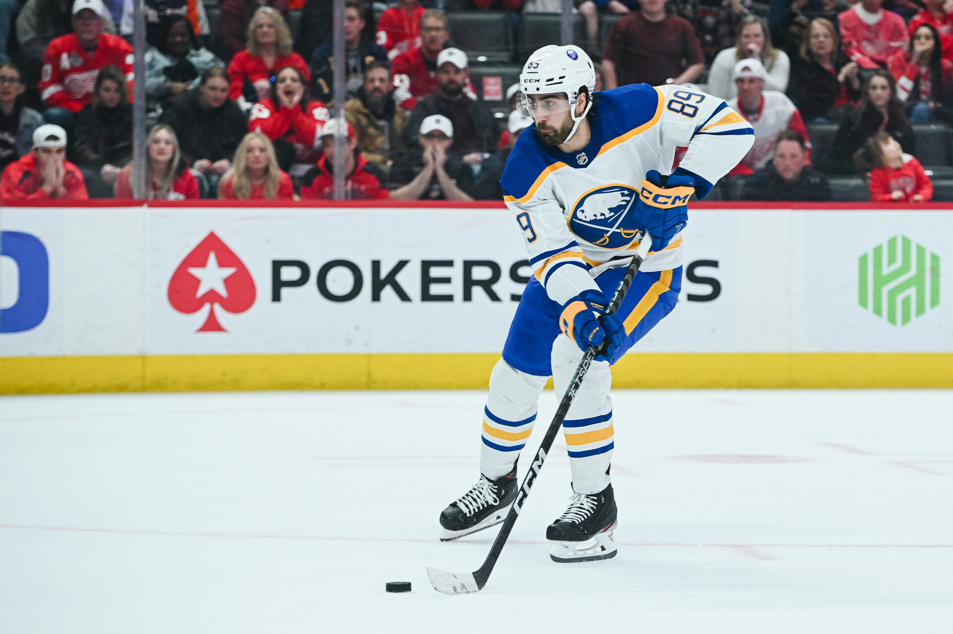 Apr 6, 2023; Detroit, Michigan, USA; Buffalo Sabres right wing Alex Tuch (89) scores a goal during a shootout against the Detroit Red Wings at Little Caesars Arena.