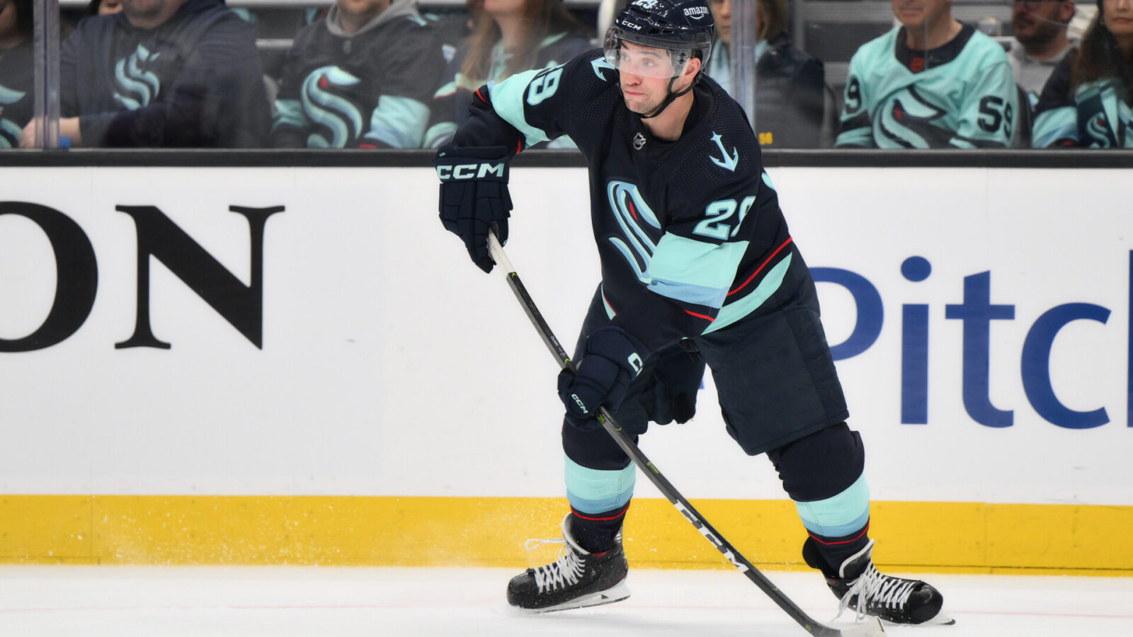 Apr 22, 2023; Seattle, Washington, USA; Seattle Kraken defenseman Vince Dunn (29) passes the puck against the Colorado Avalanche in game three of the first round of the 2023 Stanley Cup Playoffs at Climate Pledge Arena.