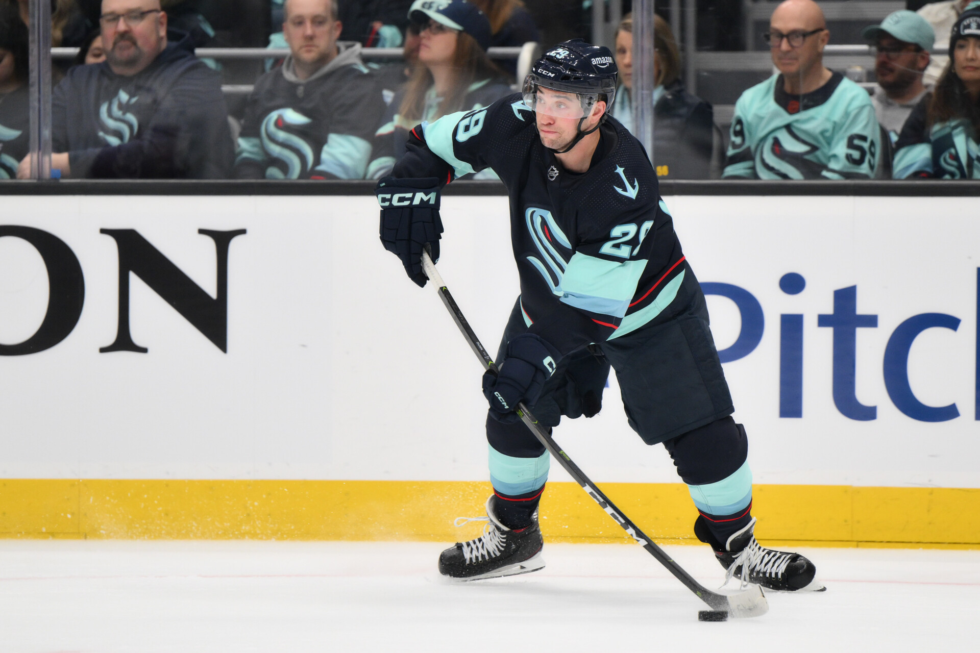 Apr 22, 2023; Seattle, Washington, USA; Seattle Kraken defenseman Vince Dunn (29) passes the puck against the Colorado Avalanche in game three of the first round of the 2023 Stanley Cup Playoffs at Climate Pledge Arena.
