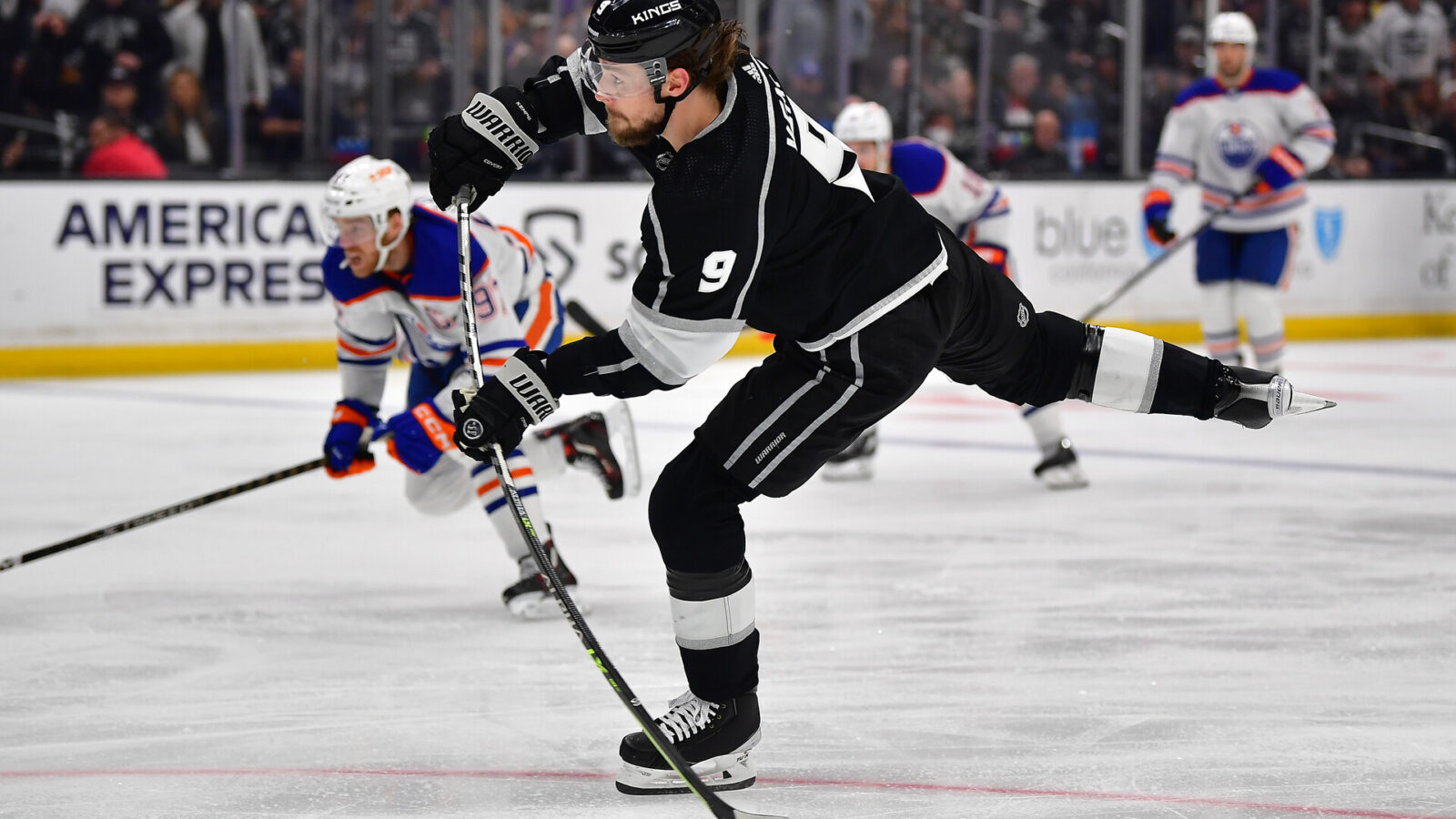 Apr 29, 2023; Los Angeles, California, USA; Los Angeles Kings right wing Adrian Kempe (9) shoots on goal against the Edmonton Oilers during the second period in game six of the first round of the 2023 Stanley Cup Playoffs at Crypto.com Arena.