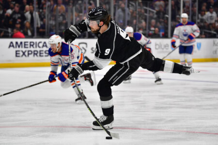 Apr 29, 2023; Los Angeles, California, USA; Los Angeles Kings right wing Adrian Kempe (9) shoots on goal against the Edmonton Oilers during the second period in game six of the first round of the 2023 Stanley Cup Playoffs at Crypto.com Arena.