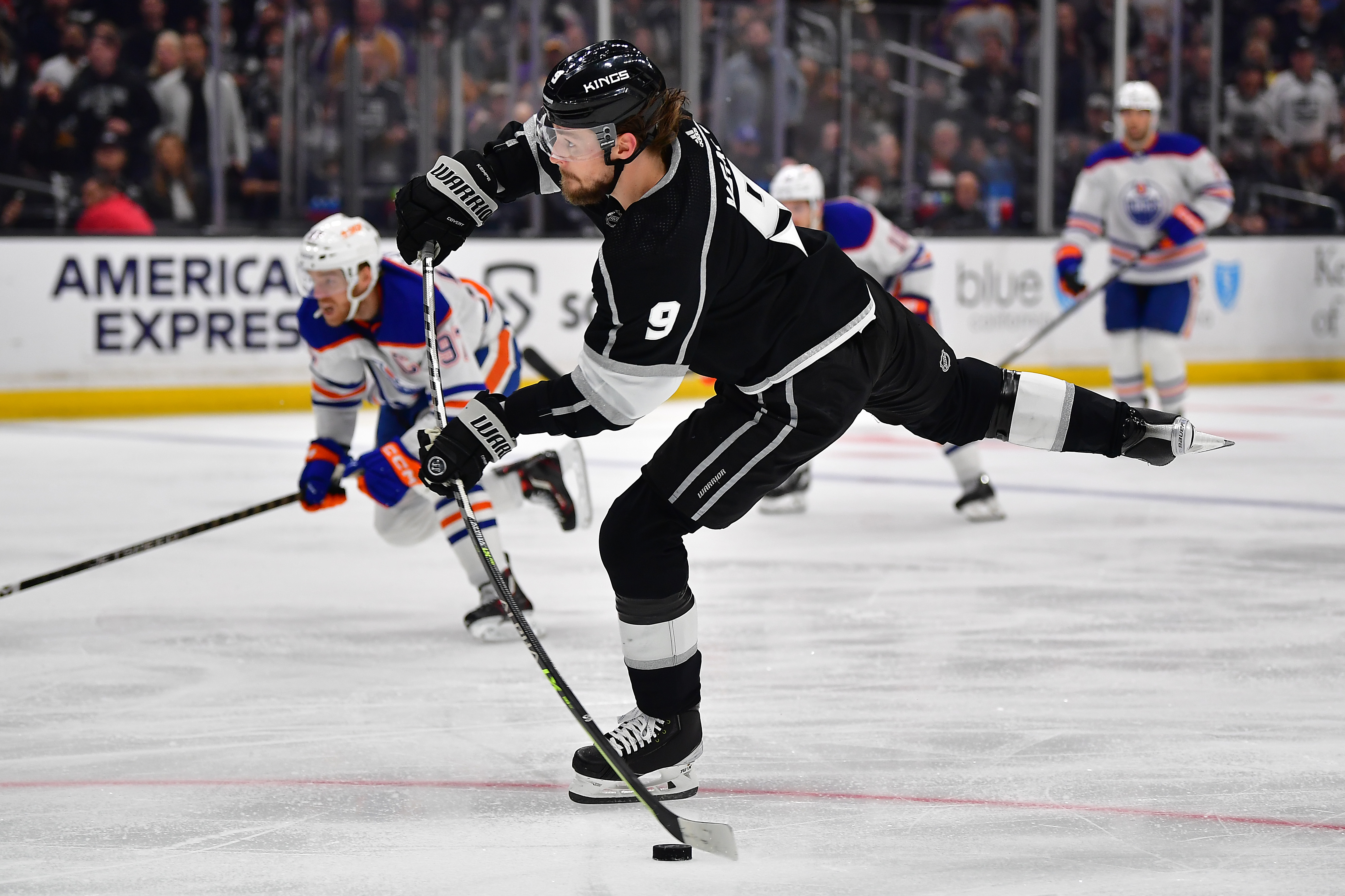 Apr 29, 2023; Los Angeles, California, USA; Los Angeles Kings right wing Adrian Kempe (9) shoots on goal against the Edmonton Oilers during the second period in game six of the first round of the 2023 Stanley Cup Playoffs at Crypto.com Arena.