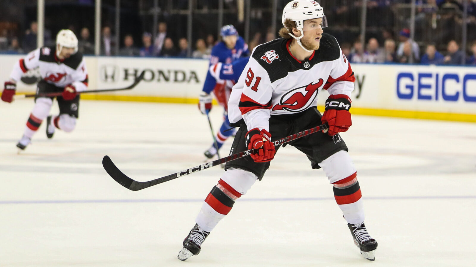 Apr 22, 2023; New York, New York, USA; New Jersey Devils center Dawson Mercer (91) in game three of the first round of the 2023 Stanley Cup Playoffs at Madison Square Garden