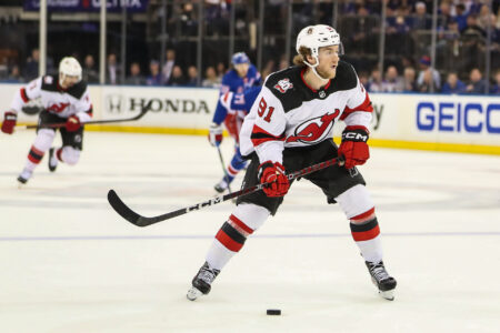 Apr 22, 2023; New York, New York, USA; New Jersey Devils center Dawson Mercer (91) in game three of the first round of the 2023 Stanley Cup Playoffs at Madison Square Garden